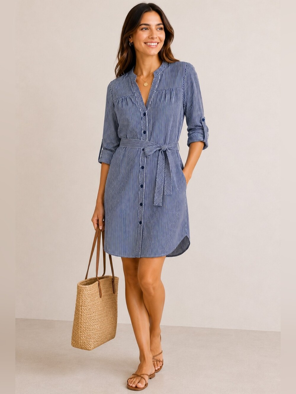 💙 Passport Blue & White Striped Shirt Dress | Roll Tab Sleeve Tunic Dress | Siz